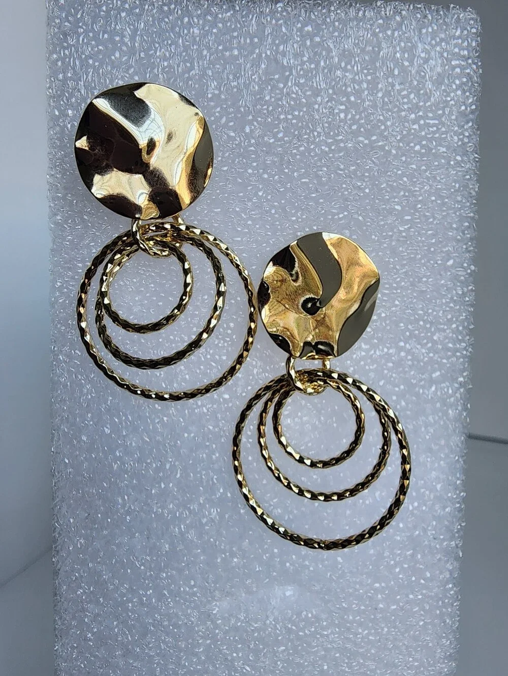 Gold Tone Triple Circle Dangle Earrings Textured Hoop Statement Earrings